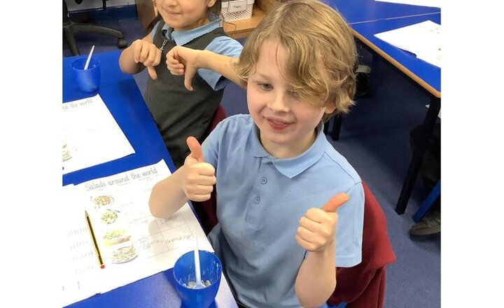 Image of DT week - Our topic this term in DT is salads. Tasting salads Today we explored the taste of Caesar, Greek and Waldorf salads. The children then evaluated the salads describing the appearance, smell, flavour, texture and then rated them.