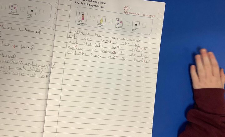Image of In English, the children have been finishing their predictions about our new book ‘How to Wash a Woolly Mammoth’. Miss Kay then read the story to them.