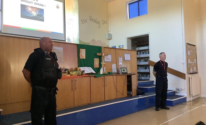 Image of A huge thank you to PCSO Stuart Knowles and PCSO Andy Shuttleworth for speaking to all our children about the importance of firework safety. Please ask your children about what they have learnt today, to continue that important safety message at home.