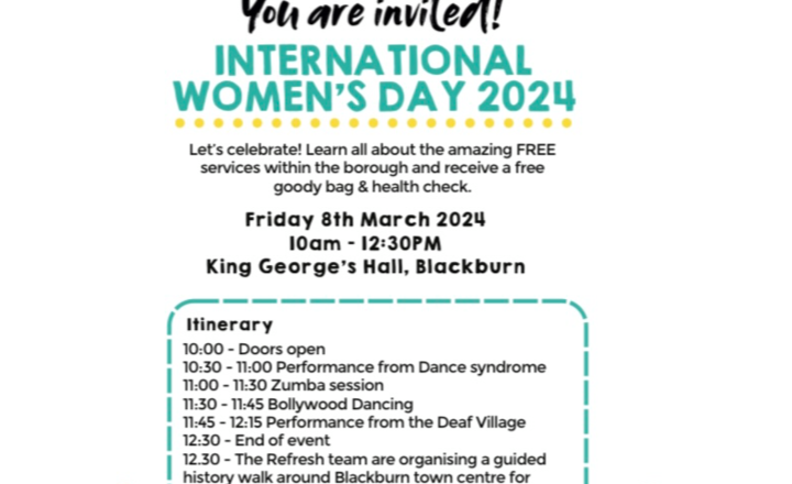 Image of Celebrate International Women's Day 2024 at King George's Hall on Friday, March 8th, from 10am to 12.30pm. Don't miss the special appearance by the Blackburn Rovers Women's Team!